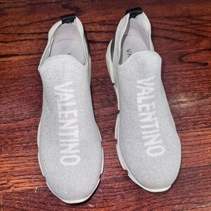 Valentino Light Gray Knit Slip-On Shoes Queenie space sock sneakers